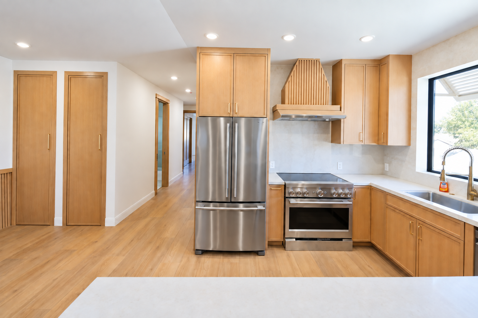 The Benjamin kitchen with light wood cabinetry and stainless steel appliances